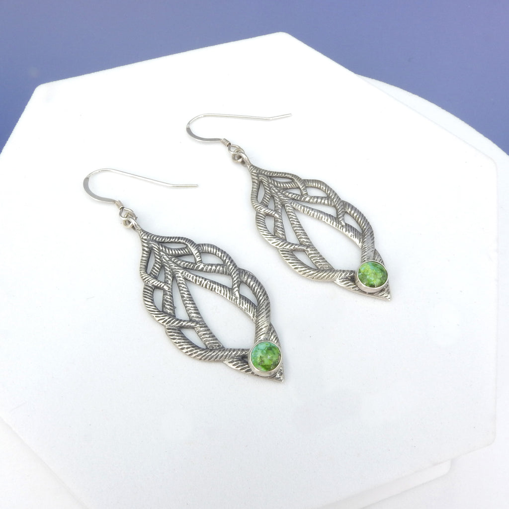 Sterling Silver Long Green Turquoise Earrings