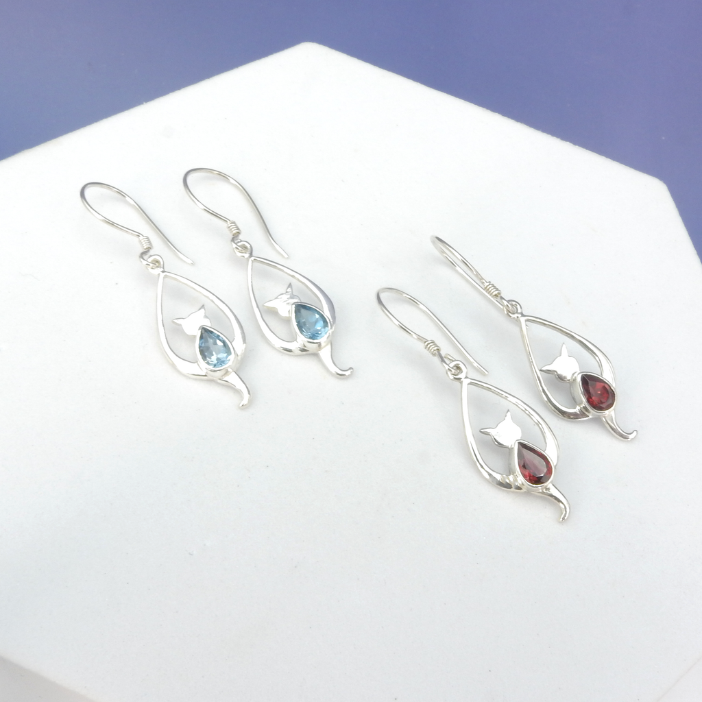 Sterling Silver Cat Gemstone Earrings