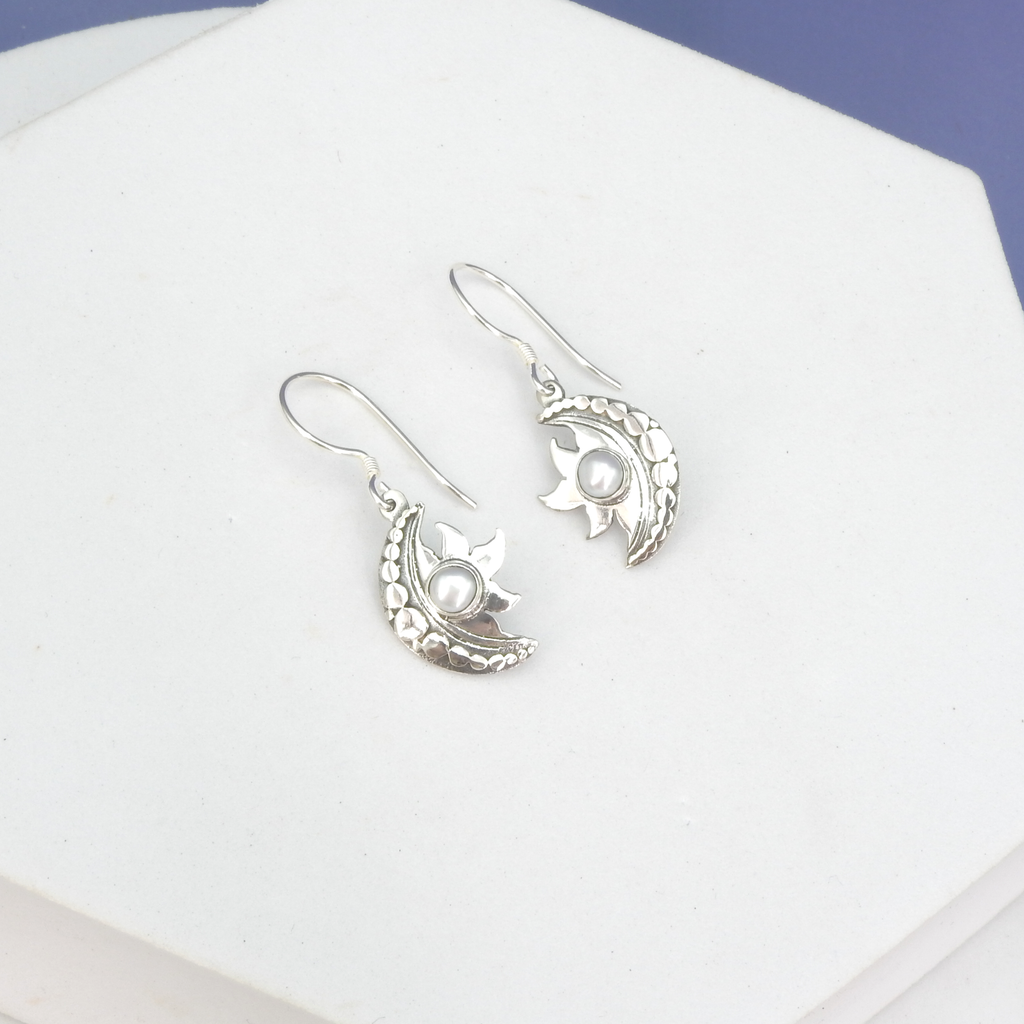 Sterling Silver Moon and Sun Pearl Earrings