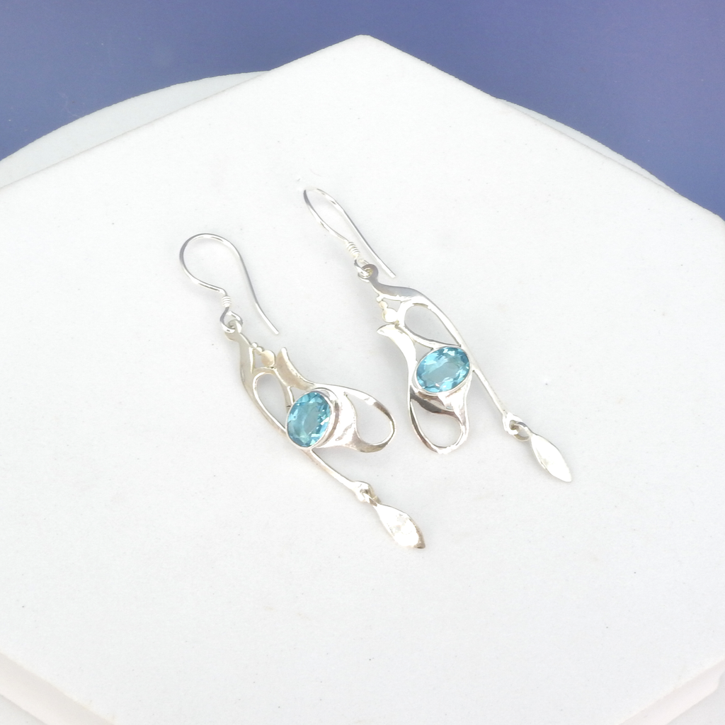 Sterling Silver Long Blue Topaz Dangle Earrings