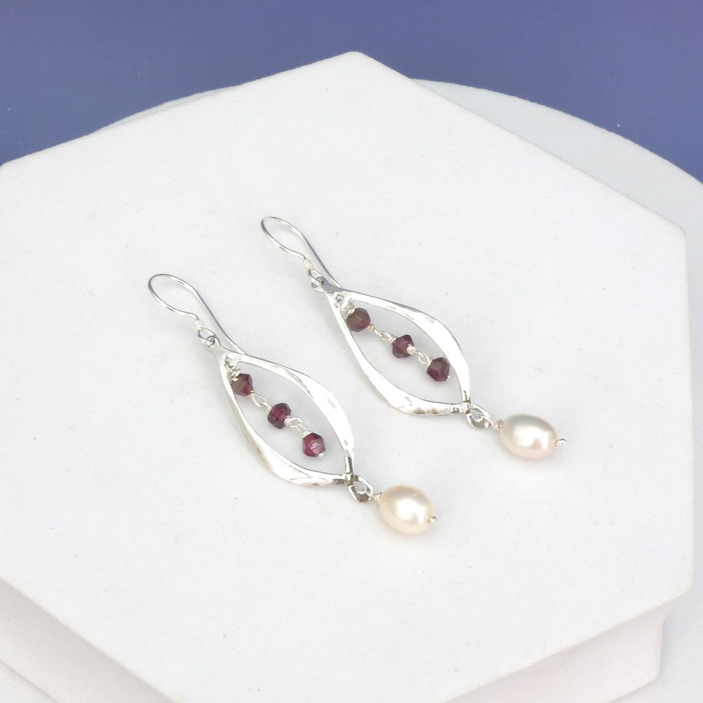 Sterling Silver Garnet and Pearl Earrings