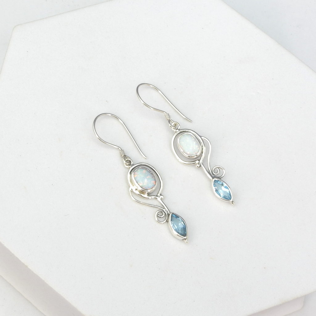 Sterling Silver Long Created Opal & Blue Topaz Earrings