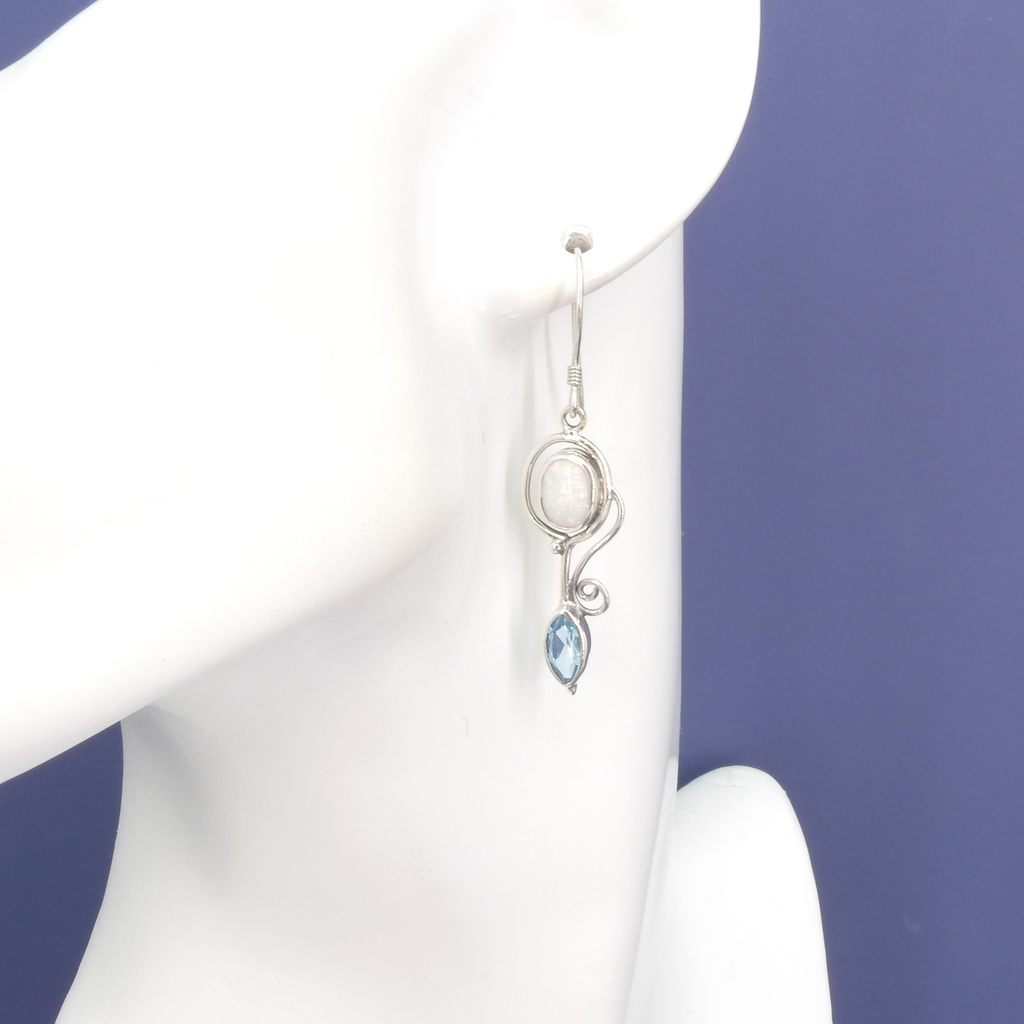 Sterling Silver Long Created Opal & Blue Topaz Earrings