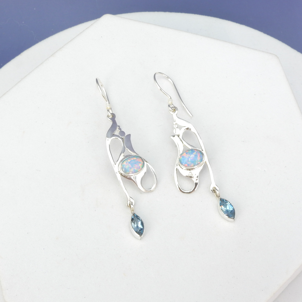 Sterling Silver Long Created Opal & Blue Topaz Earrings