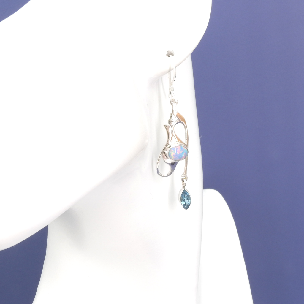 Sterling Silver Long Created Opal & Blue Topaz Earrings