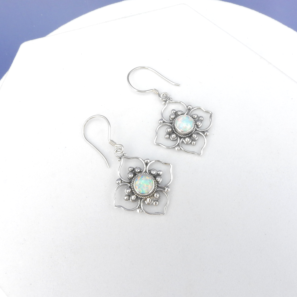 Sterling Silver Created Opal Flower Earrings