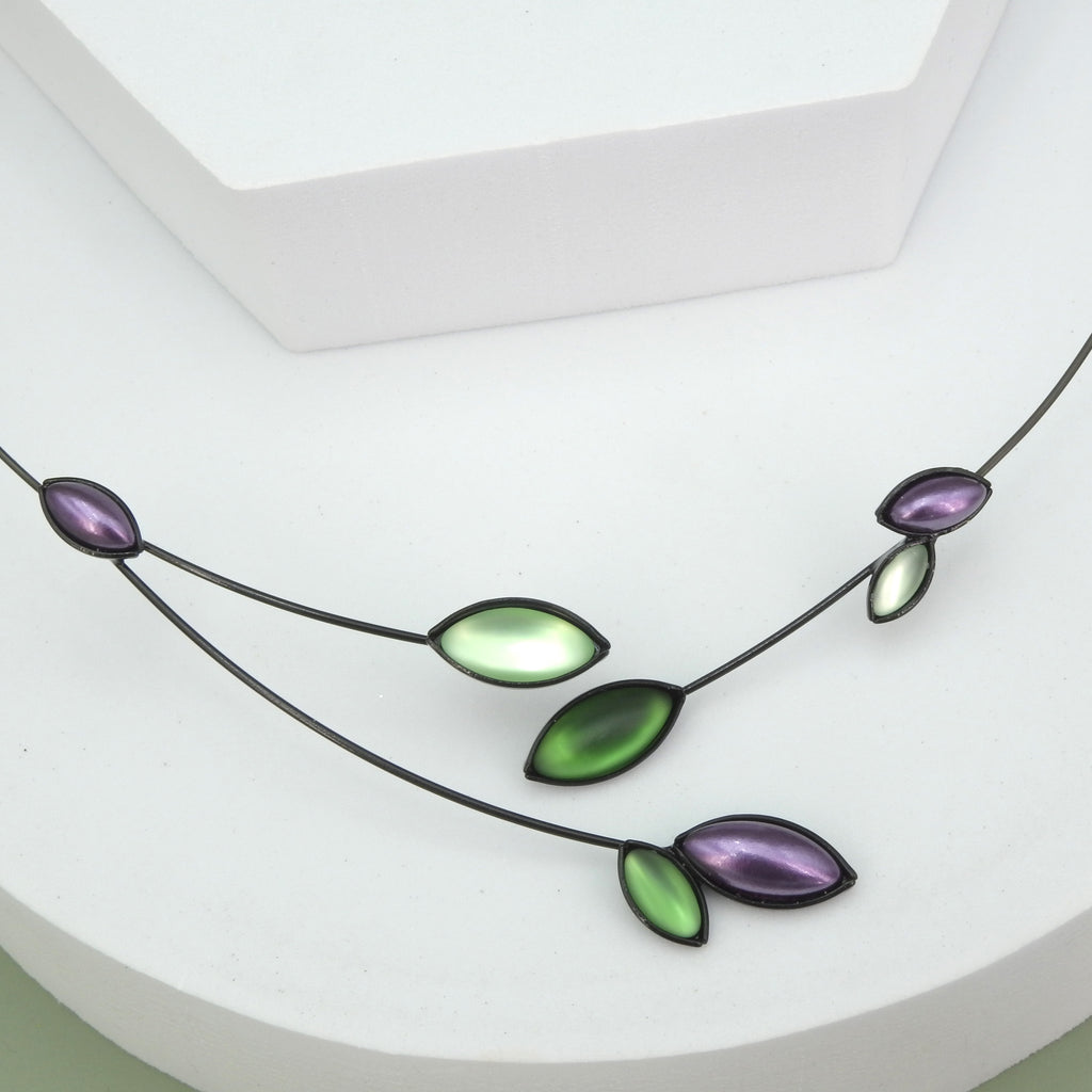 Memory Wire Leaves and Branches Green & Purple Necklace