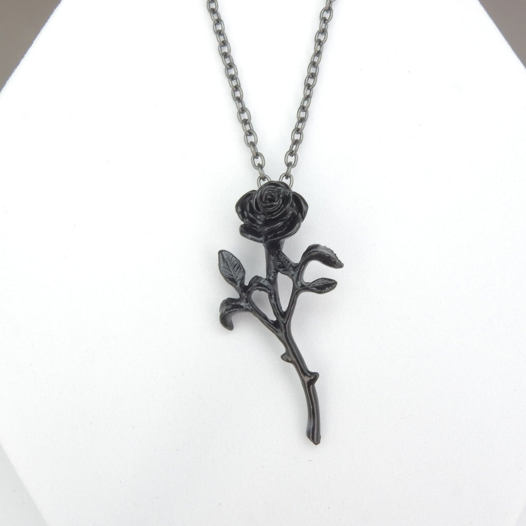 English Pewter Black Rose Necklace