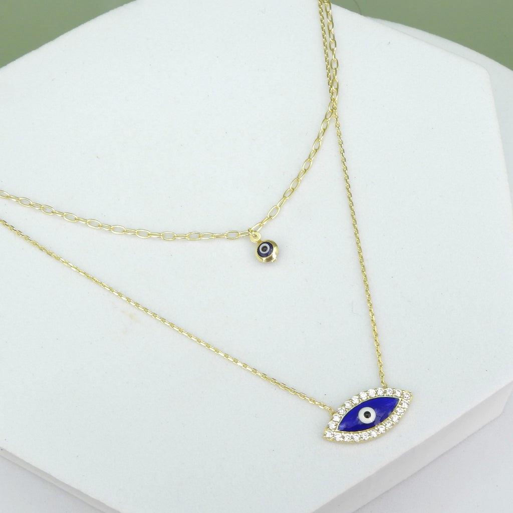 Sterling Silver Gold Vermeil Double Evil Eye Necklace