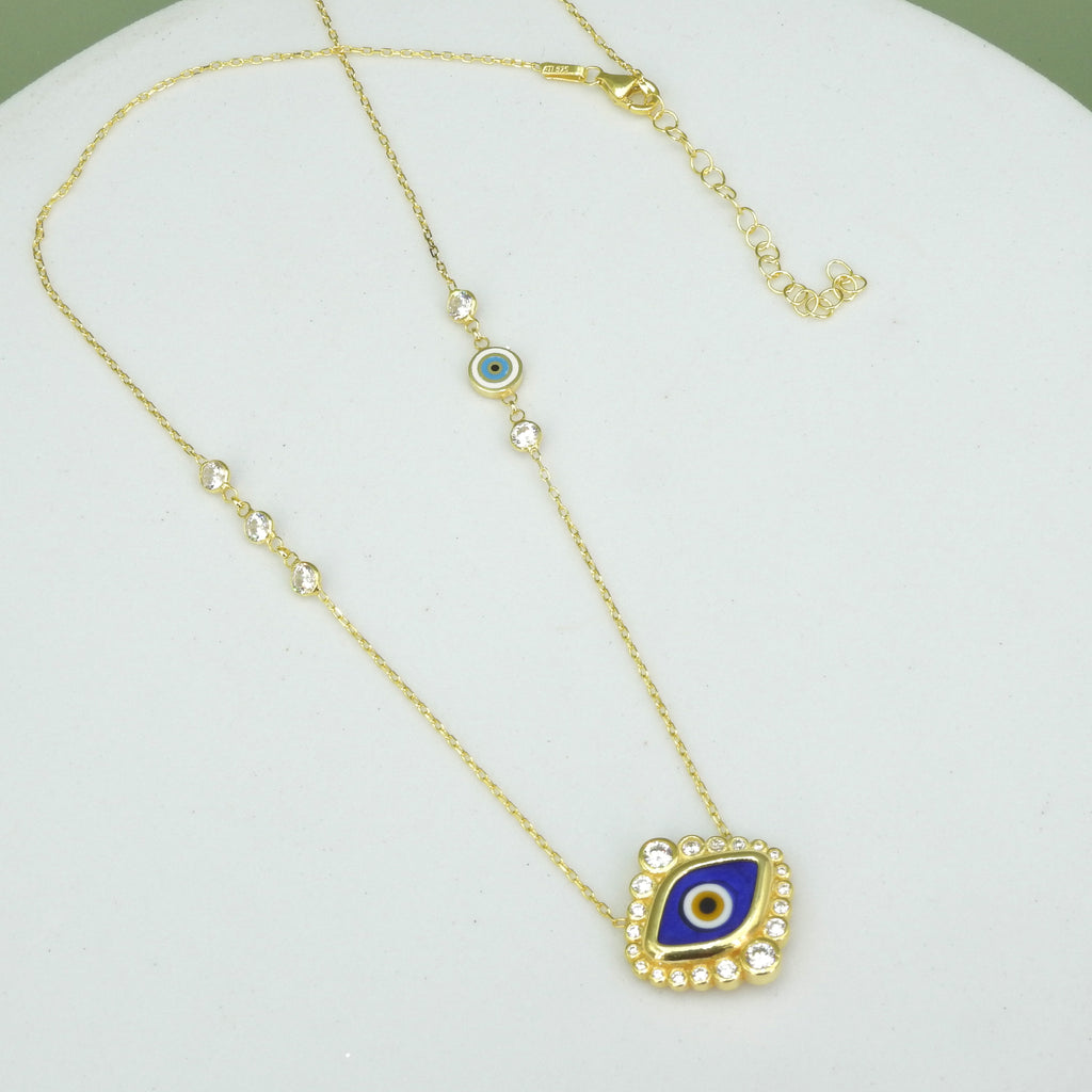 Sterling Silver Gold Vermeil CZ & Enamel Evil Eye Necklace