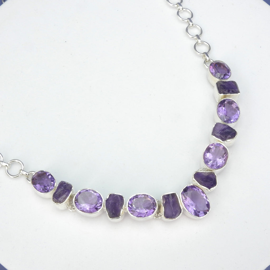 Sterling Silver Faceted & Rough Amethyst Statement Necklace