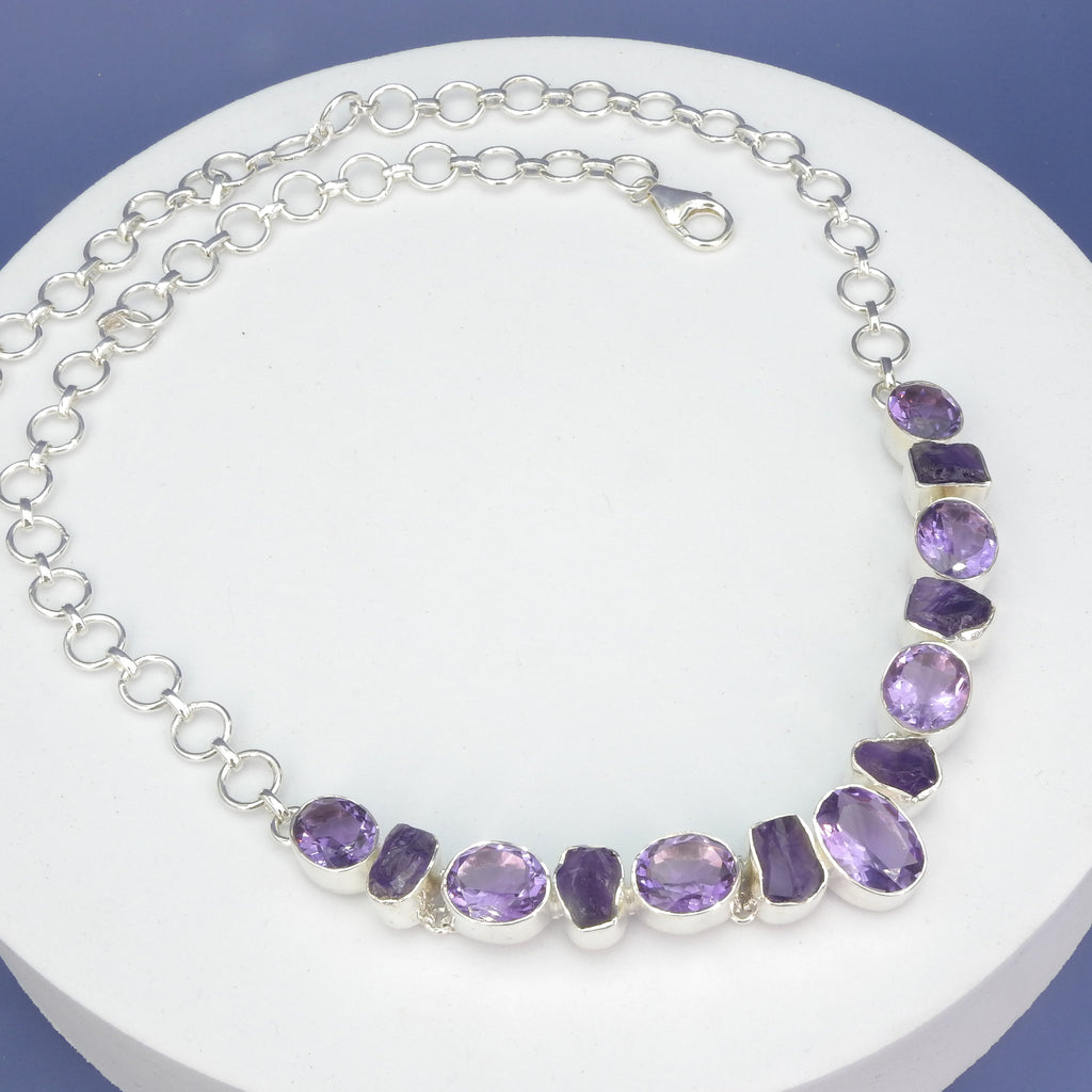 Sterling Silver Faceted & Rough Amethyst Statement Necklace