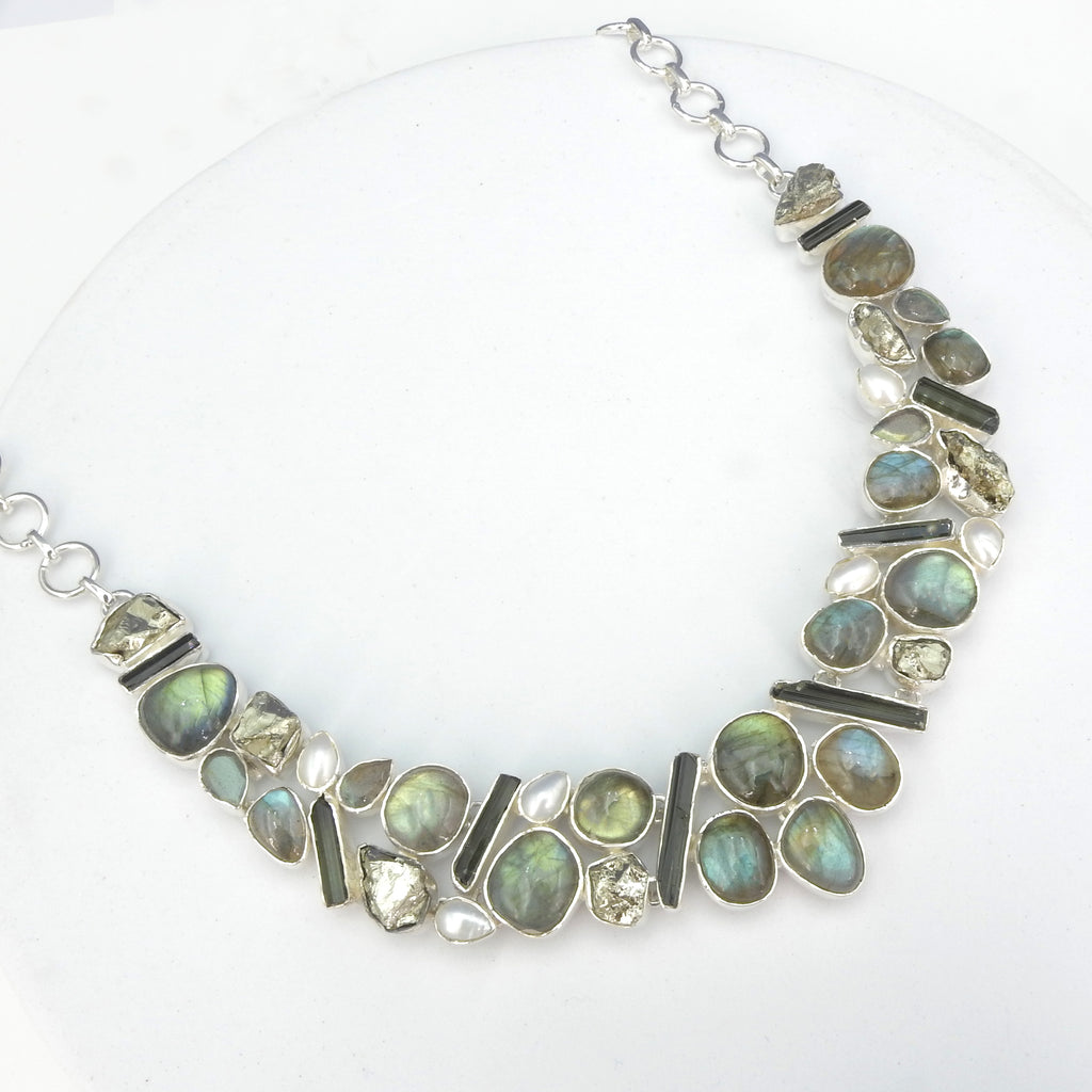 Sterling Silver Labradorite, Tourmaline, Pyrite & Pearl Statement Necklace