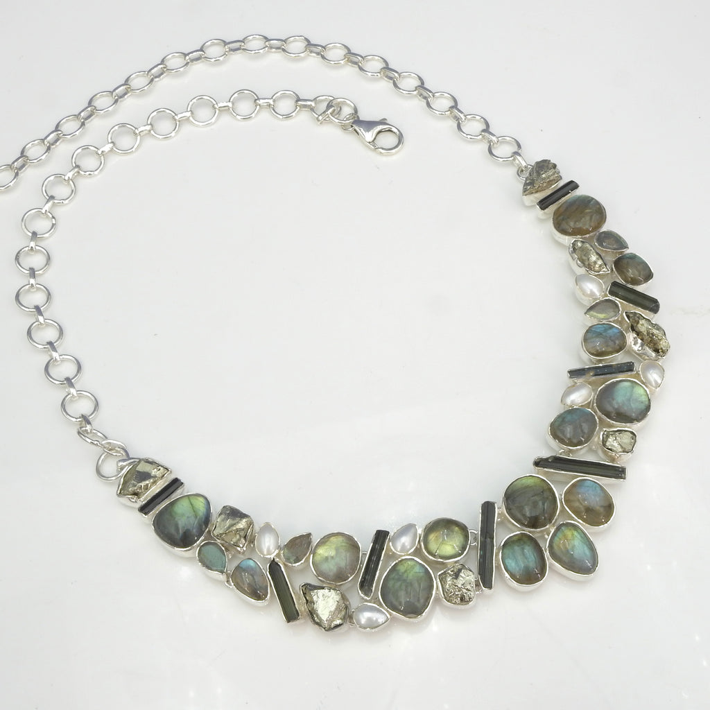 Sterling Silver Labradorite, Tourmaline, Pyrite & Pearl Statement Necklace