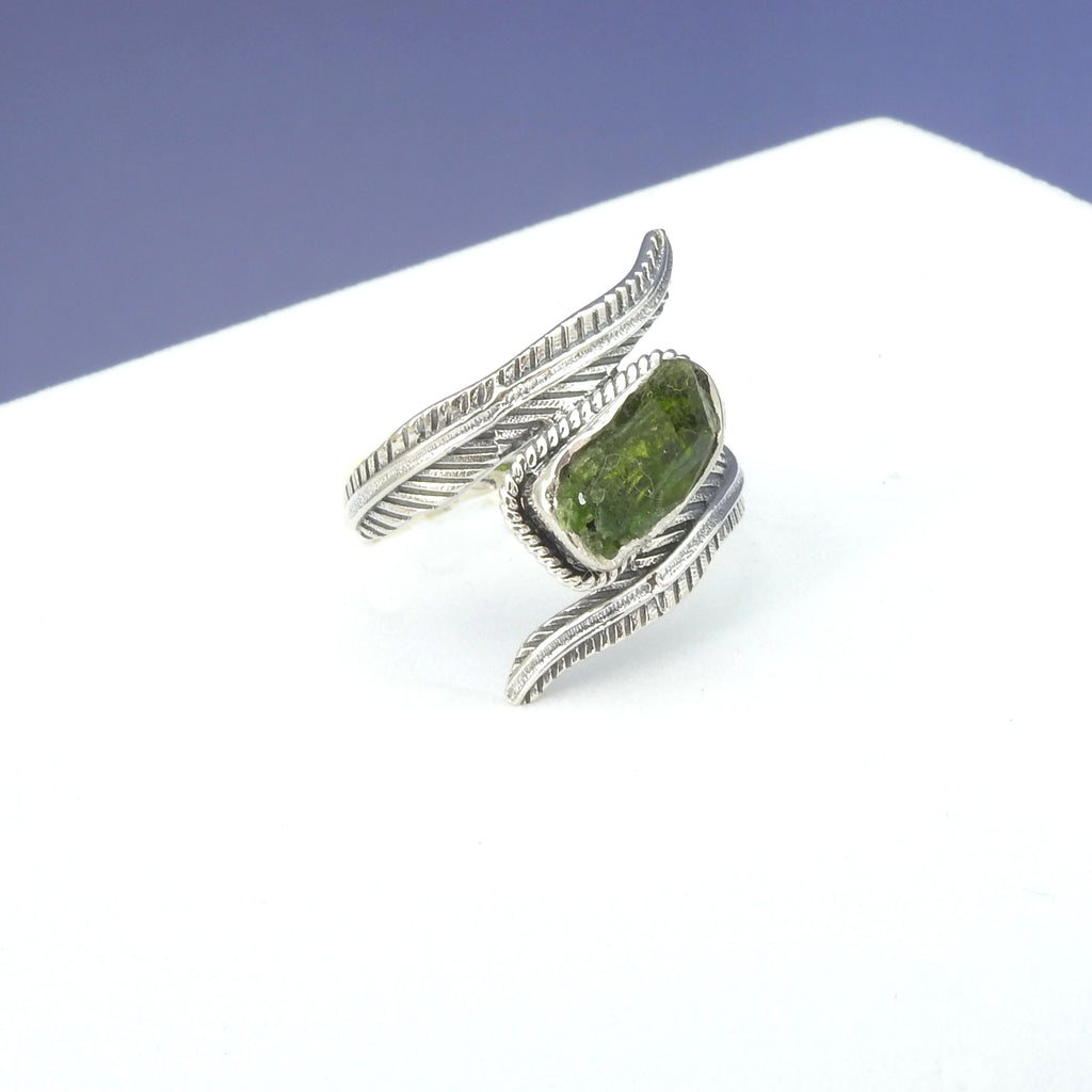 Sterling Silver Green Tourmaline Feather Ring