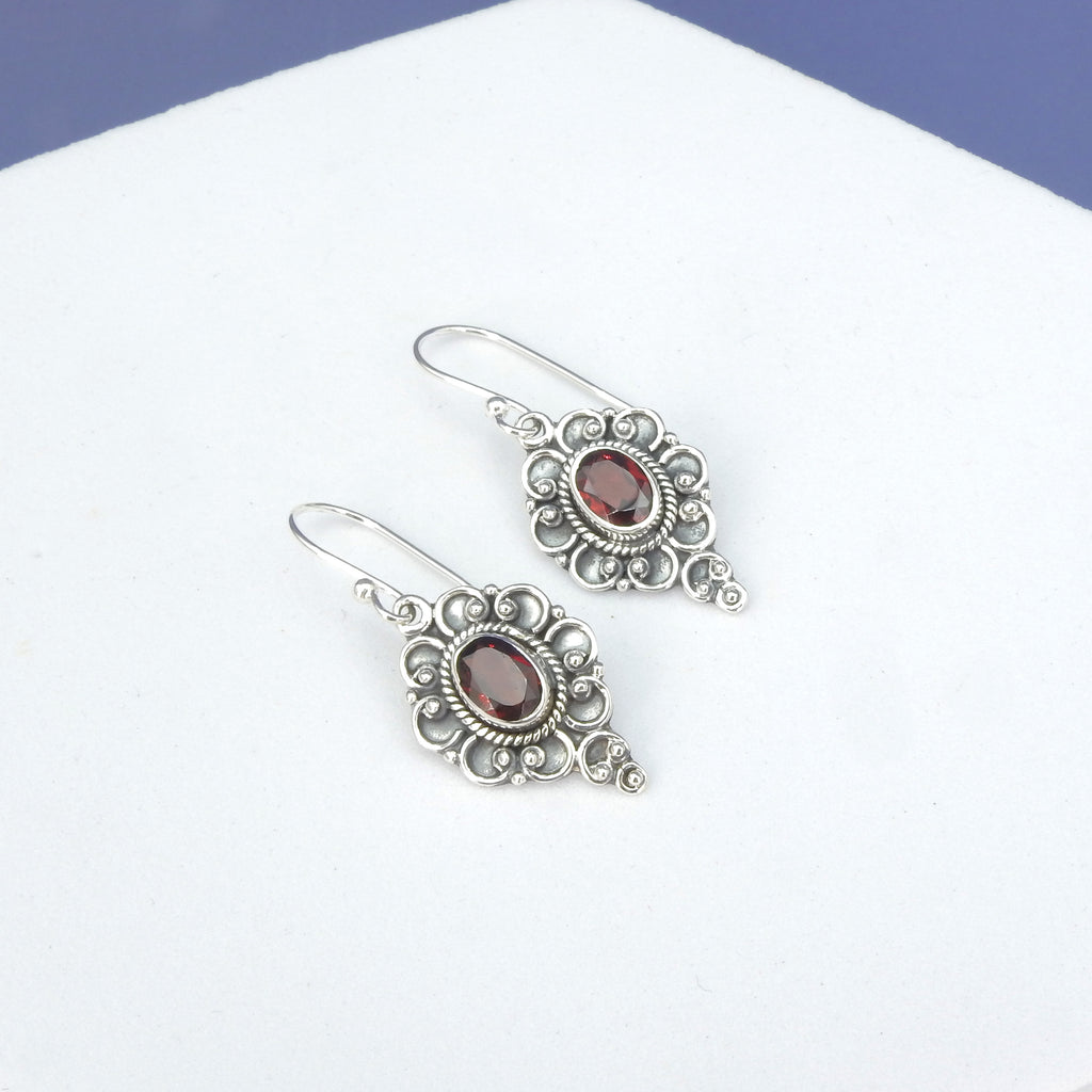 Sterling Silver Decorative Garnet Earrings