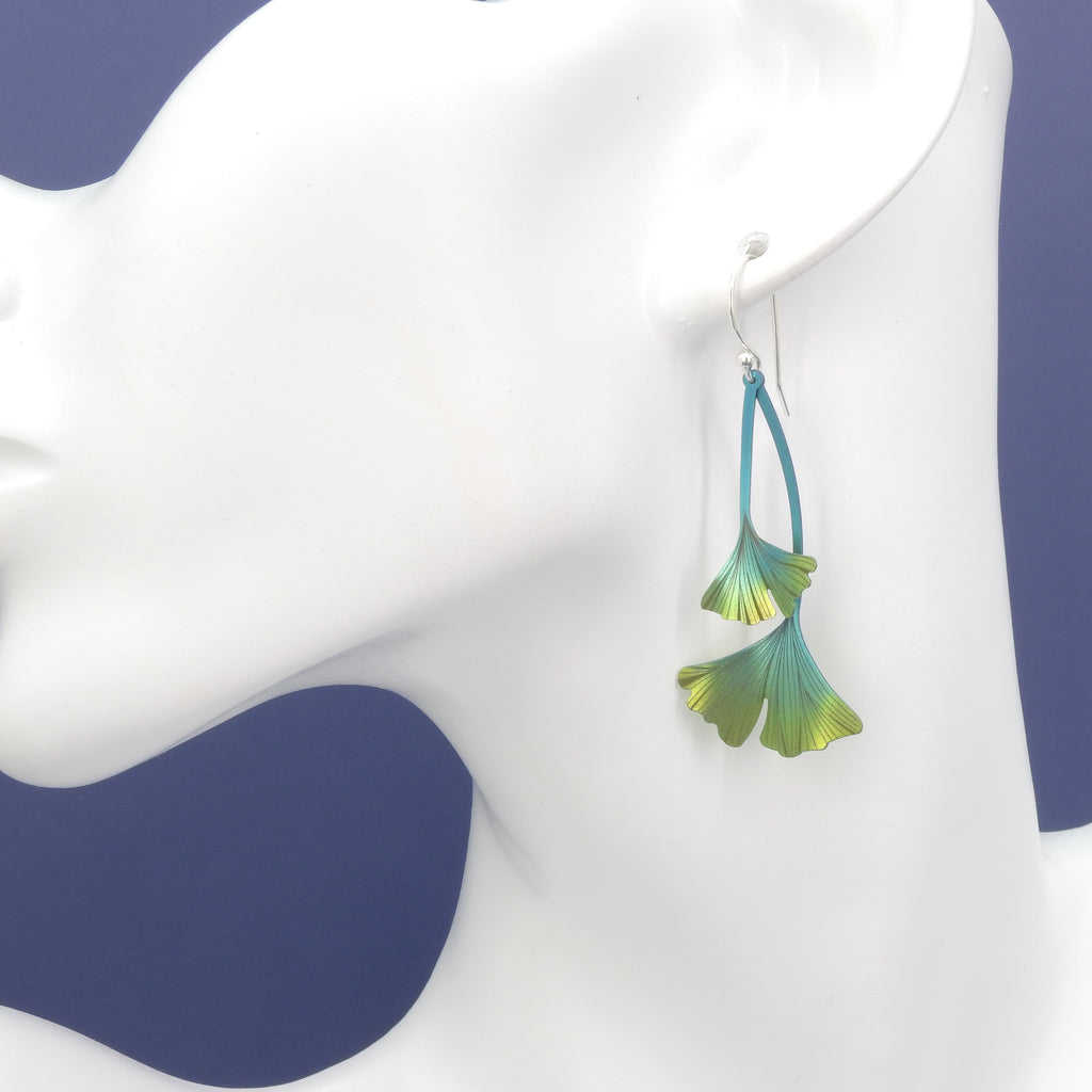 Green Ginkgo Leaf Niobium Metal Earrings