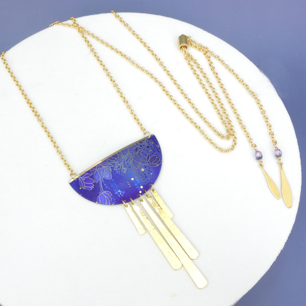 Long Purple Etched Metal Necklace