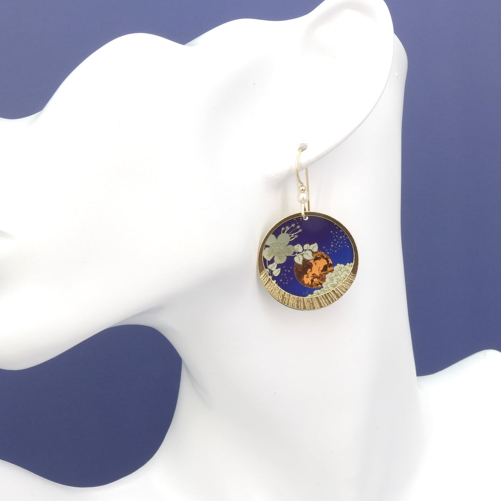 Dark Blue Moon and Flowers Metal Earrings