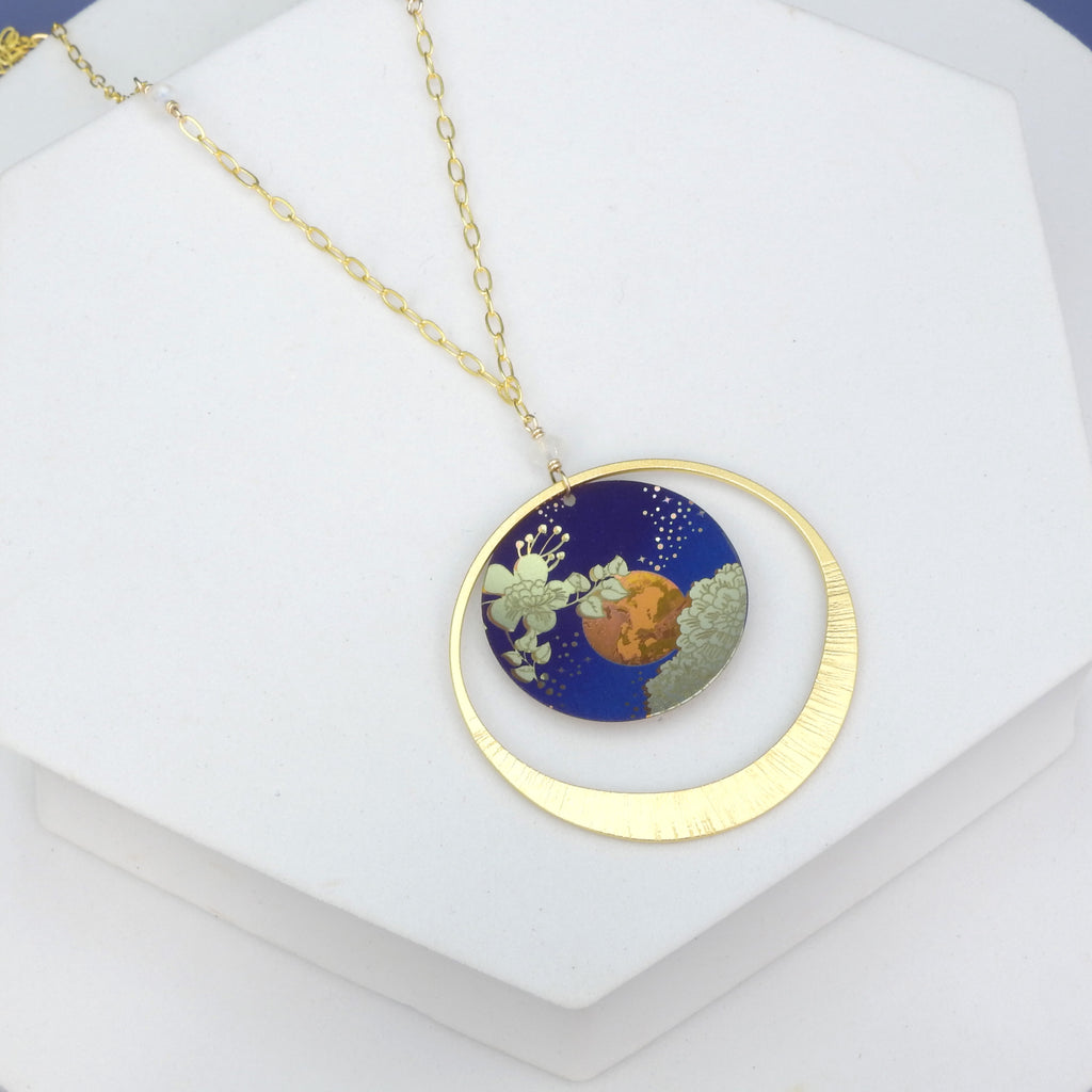 Dark Blue Moon & Flowers Necklace