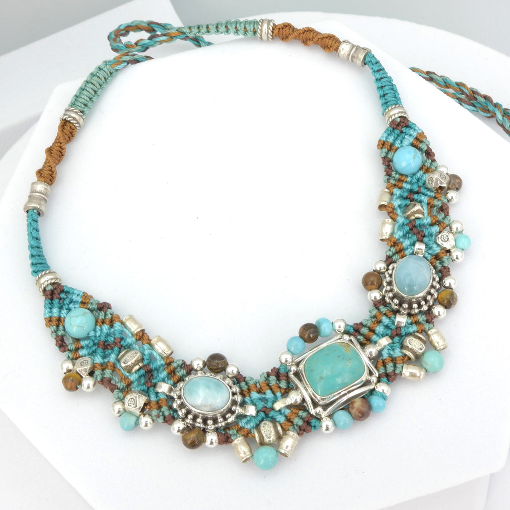 Sterling Silver Isha Elafi Turquoise & Larimar Nomadic Knotwork Necklace