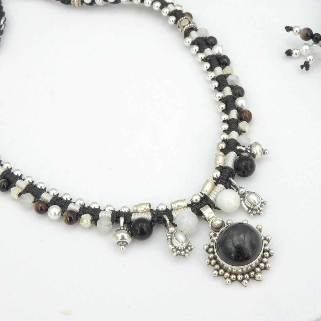 Sterling Silver Isha Elafi Nomadic Knotwork Black Star Diopside & Moonstone Necklace