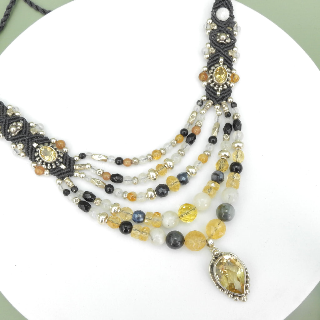 Sterling Silver Isha Elafi Multi Strand Citrine & Moonstone Nomadic Knotwork Necklace