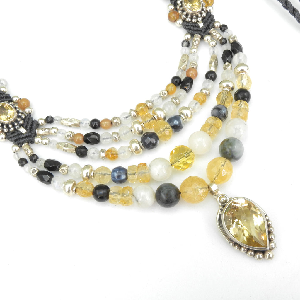 Sterling Silver Isha Elafi Multi Strand Citrine & Moonstone Nomadic Knotwork Necklace