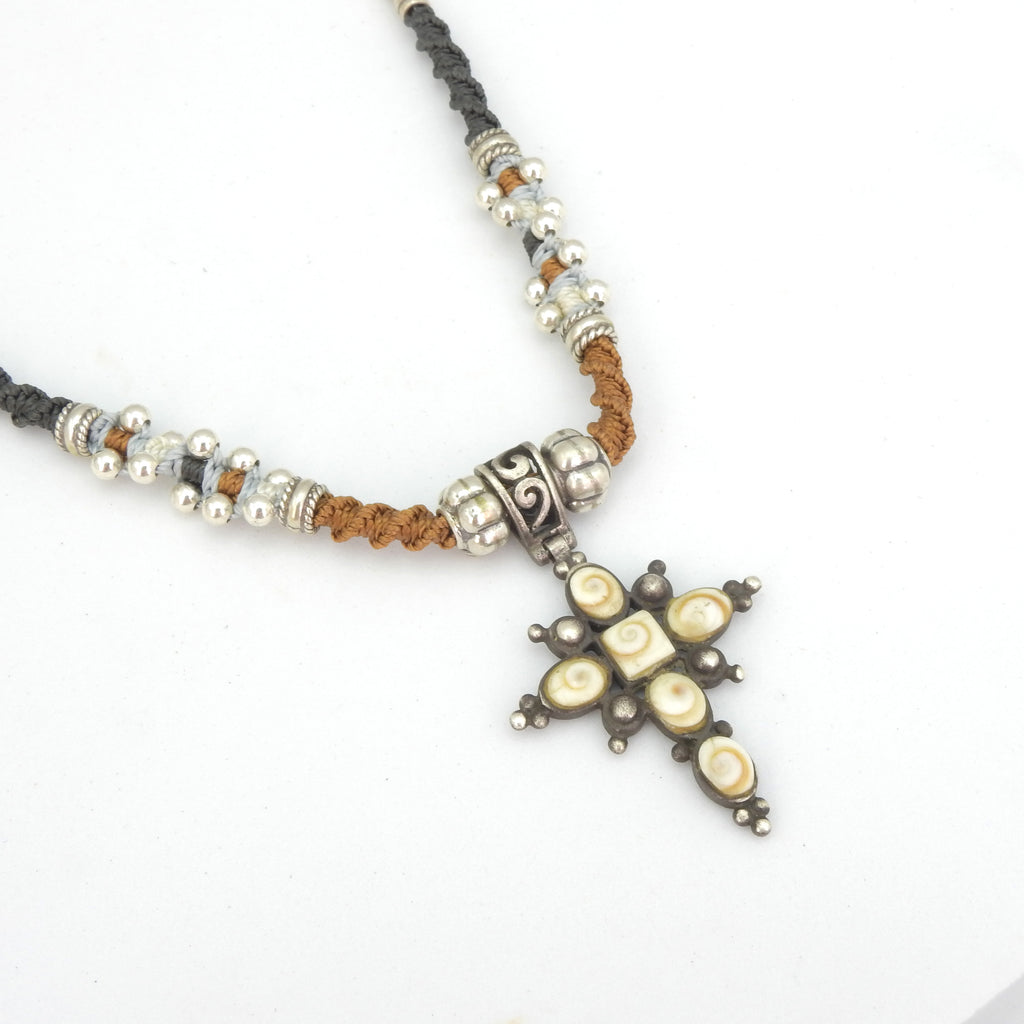 Sterling Silver Isha Elafi Shiva Shell Cross Nomadic Knotwork Necklace