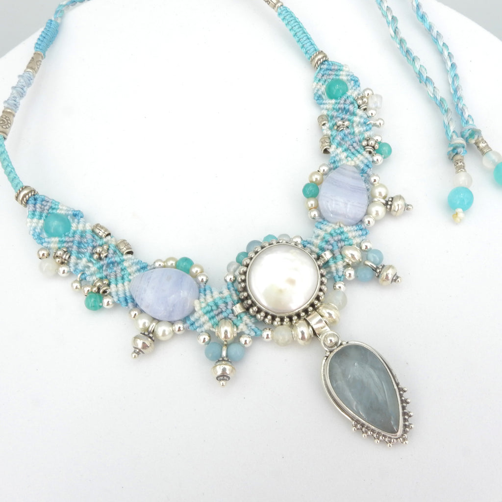 Sterling Silver Isha Elafi Pearl, Blue Lace Agate & Aquamarine Nomadic Knotwork Necklace