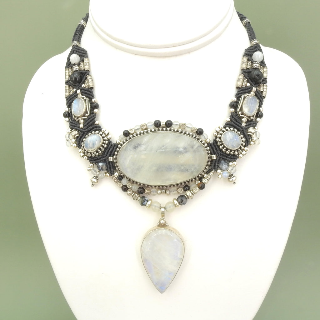 Sterling Silver Isha Elafi Large Moonstone Statement Nomadic Knotwork Necklace