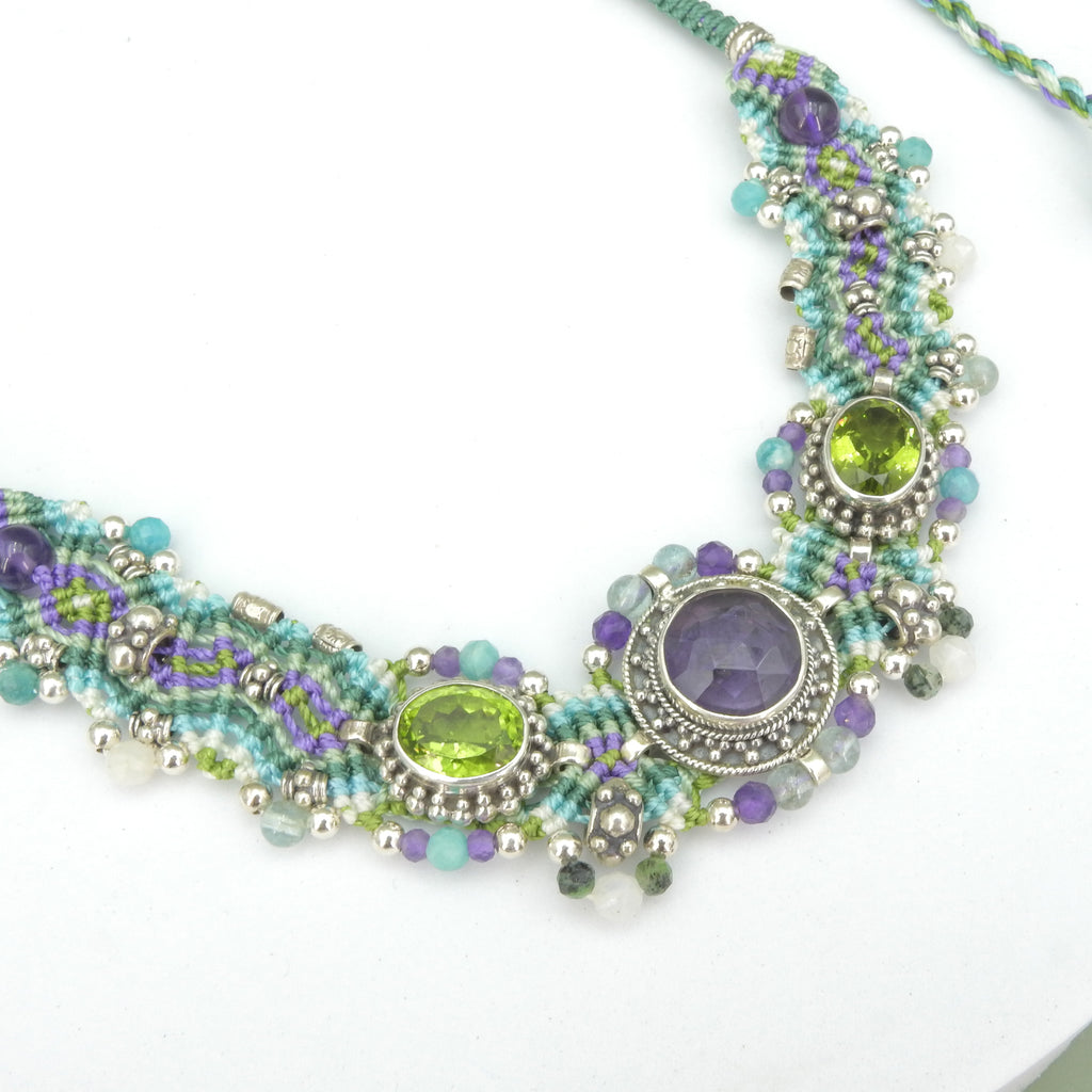 Sterling Silver Isha Elafi Amethyst & Peridot Nomadic Knotwork Necklace