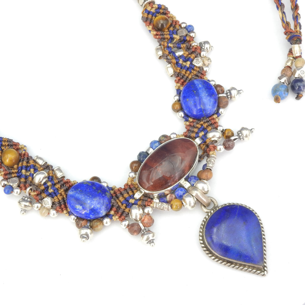 Sterling Silver Isha Elafi Tiger Eye & Lapis Nomadic Knotwork Necklace