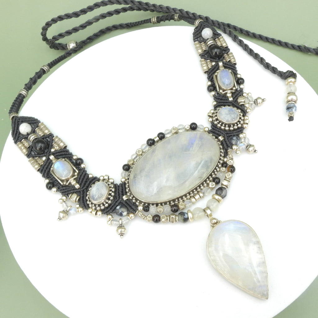 Sterling Silver Isha Elafi Large Moonstone Statement Nomadic Knotwork Necklace