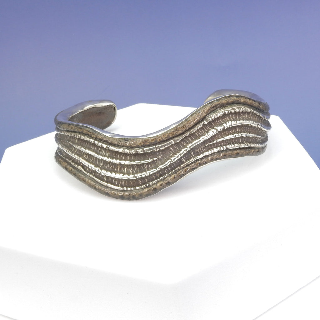 Sterling Silver Oxidized Wavy Cuff Bracelet w/ Leather
