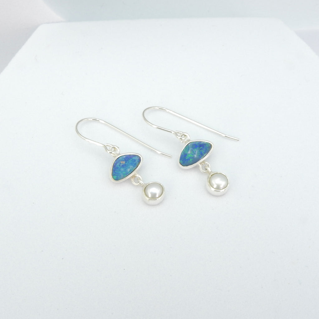 Sterling Silver Small Opal & Pearl Earrings