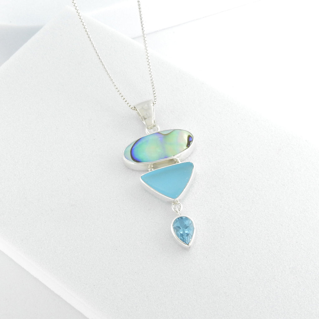 Sterling Silver Abalone, Sea Glass & Blue Topaz Pendant