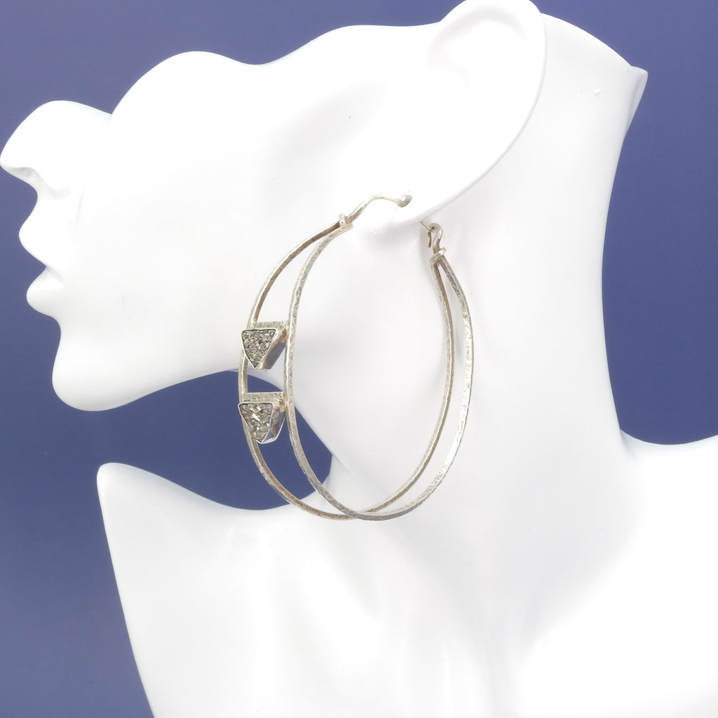 Sterling Silver Large Hoop Earrings w/ Platinum Druzy