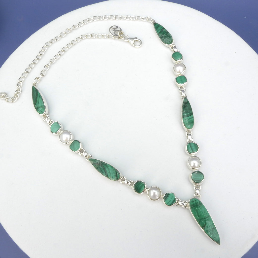 Sterling Silver Malachite & Pearl Statement Necklace