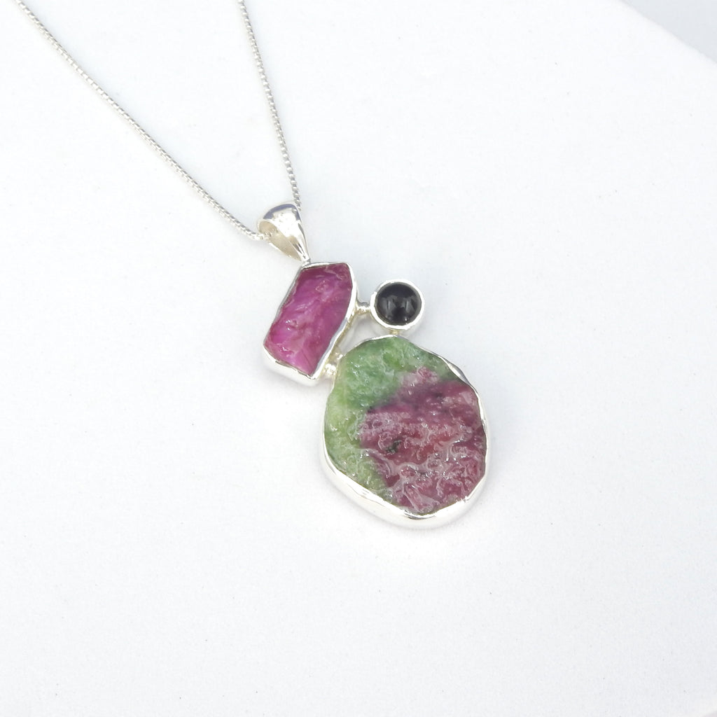 Sterling Silver Ruby Zoisite, Ruby & Onyx Pendant