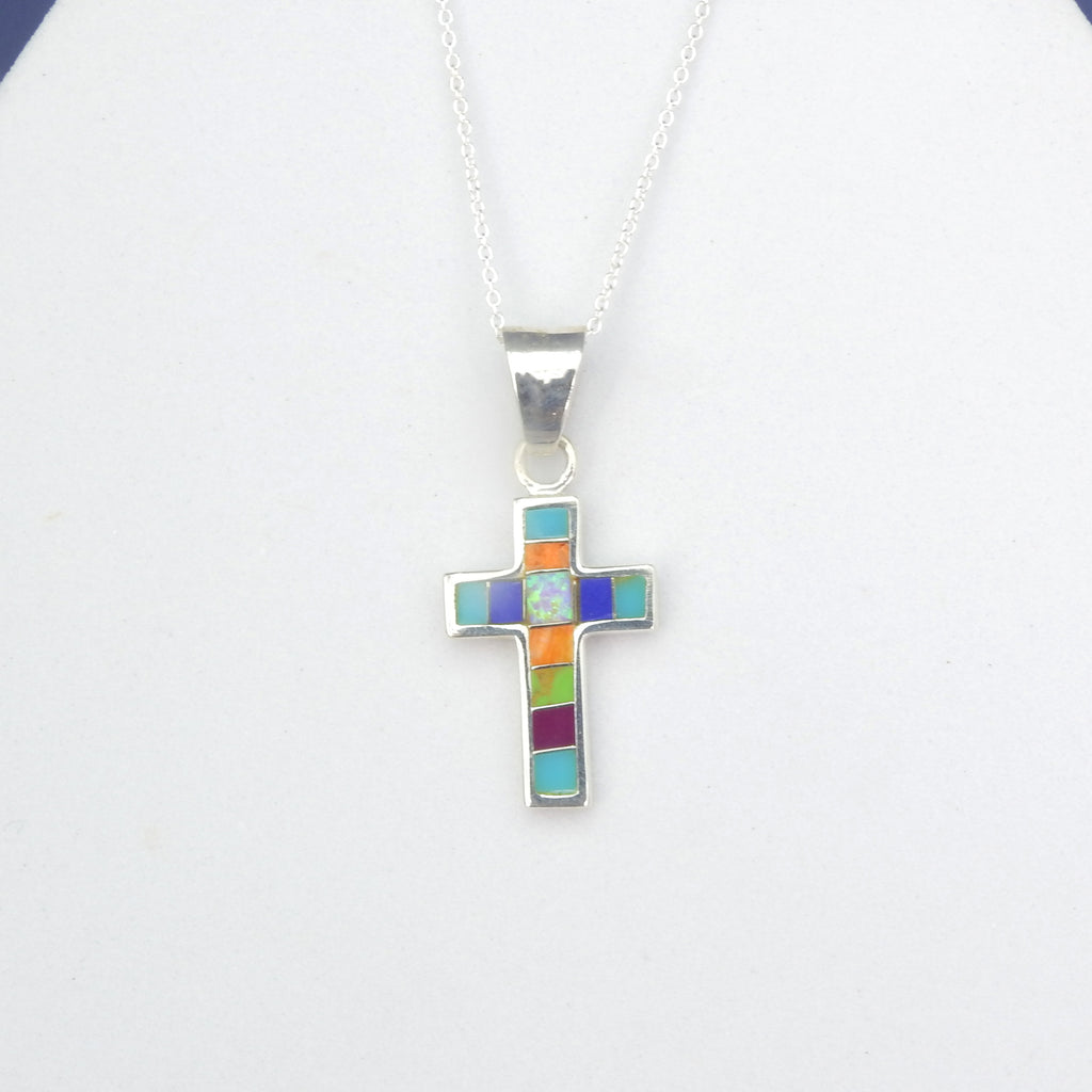 Sterling Silver Small Colorful Inlay Cross Pendant