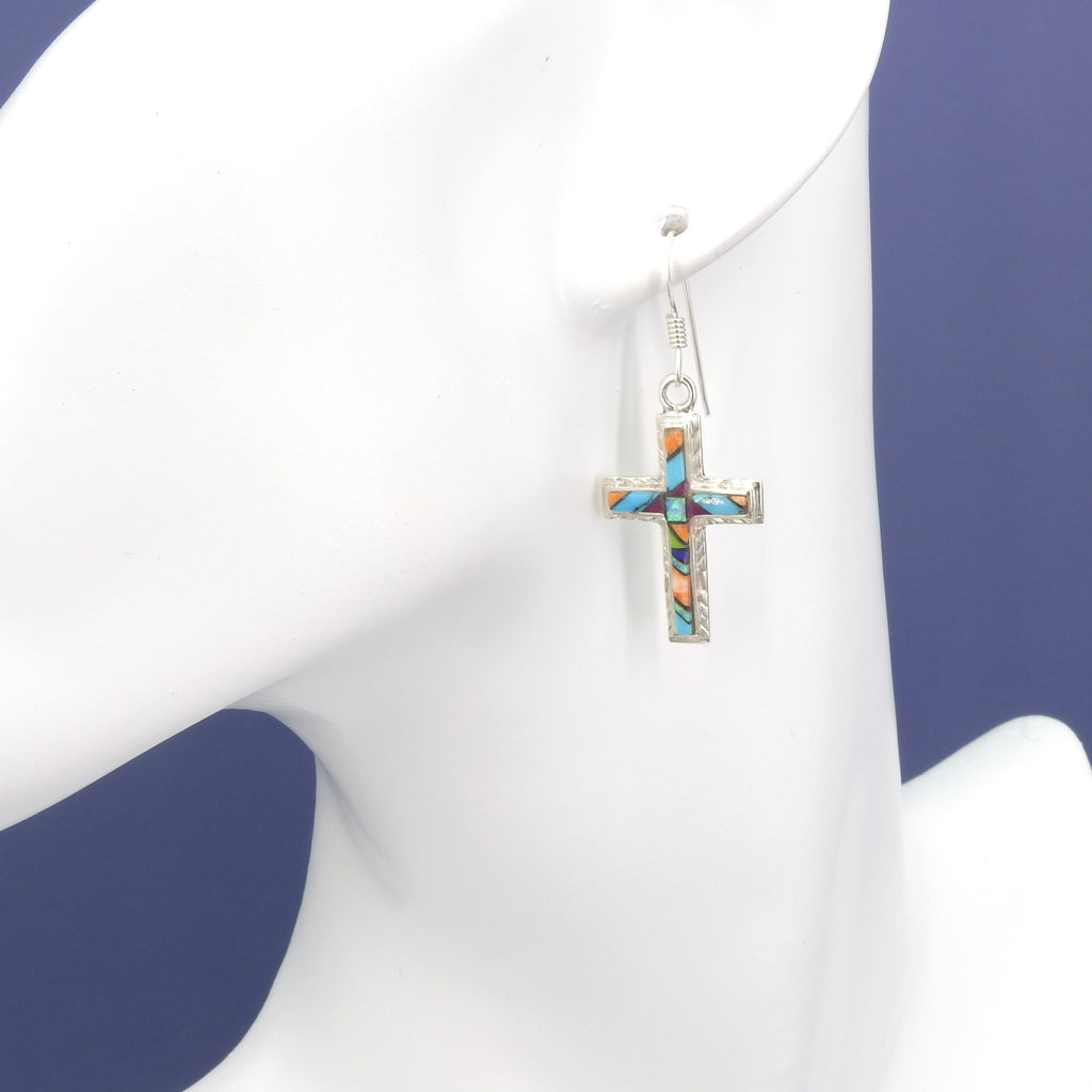 Sterling Silver Multi Color Inlay Cross Earrings