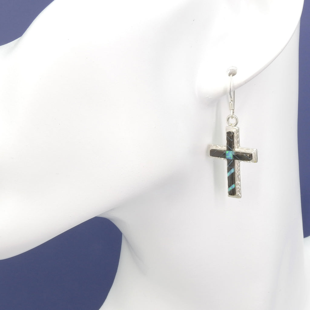 Sterling Silver Onyx & Opal Cross Earrings