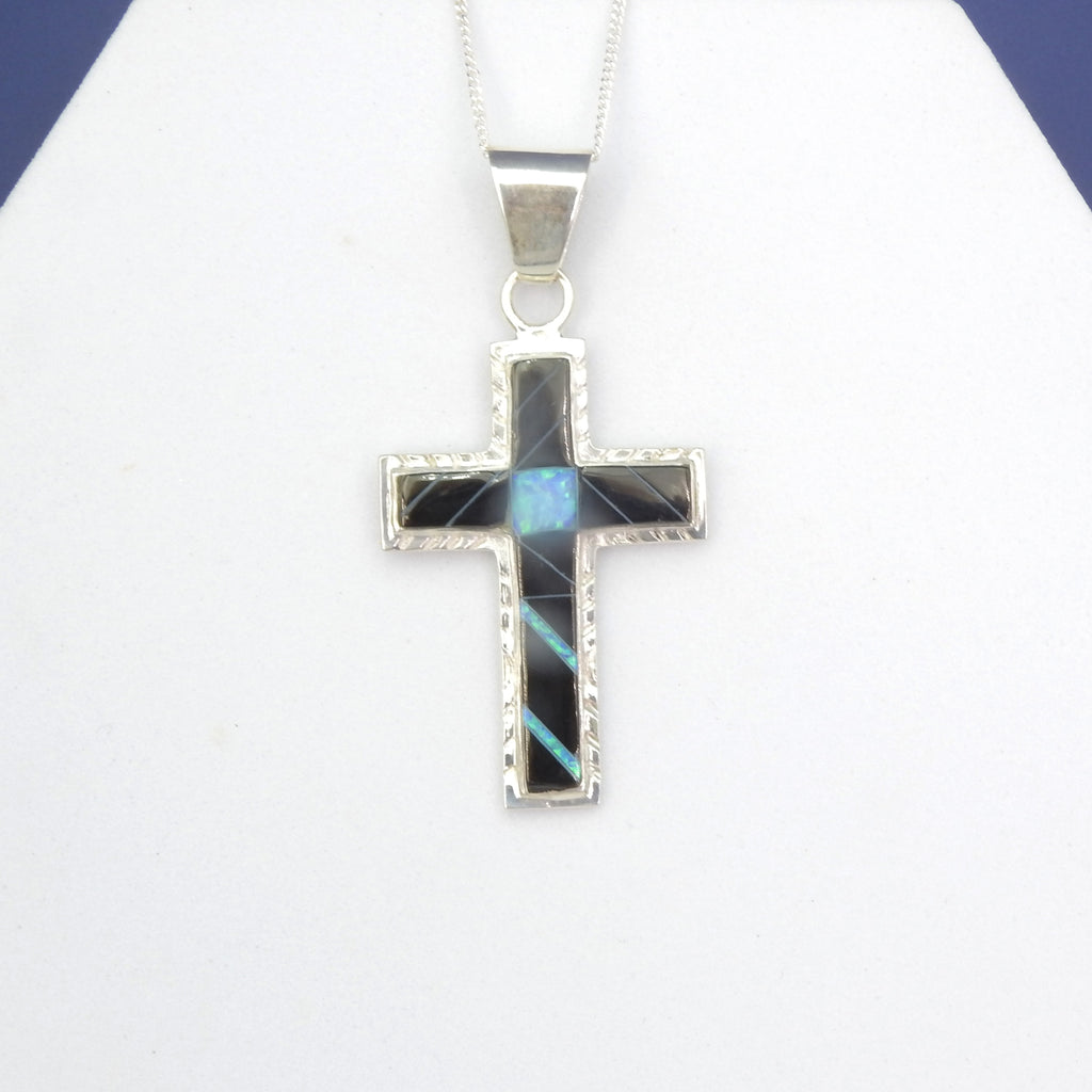Sterling Silver Onyx & Opal Inlay Cross Pendant