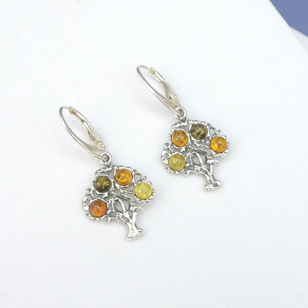 Sterling Silver Amber Tree of Life Earrings