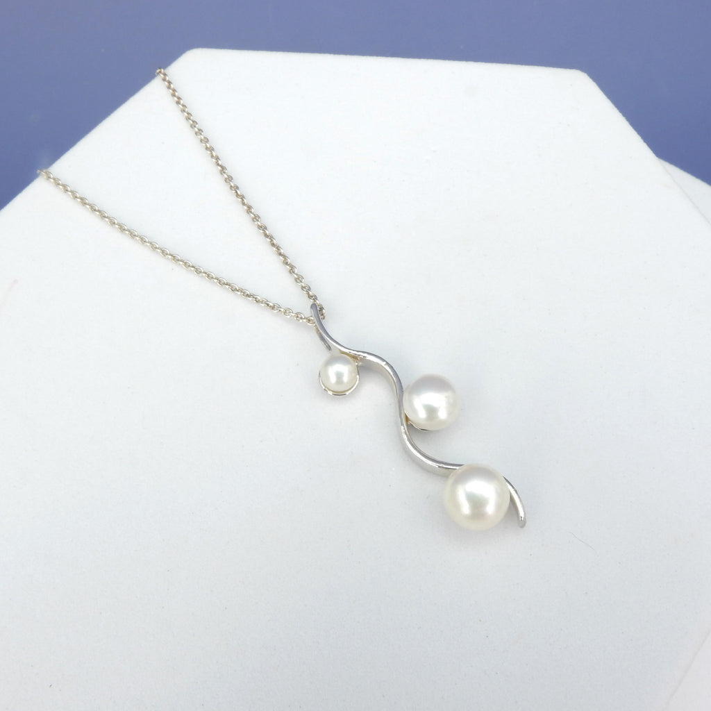 Sterling Silver Three Pearl Wave Necklace
