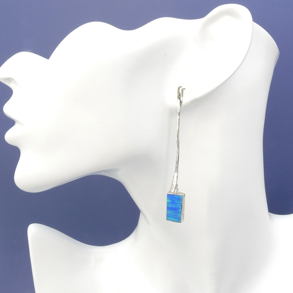 Sterling Silver Created Opal Long Earrings