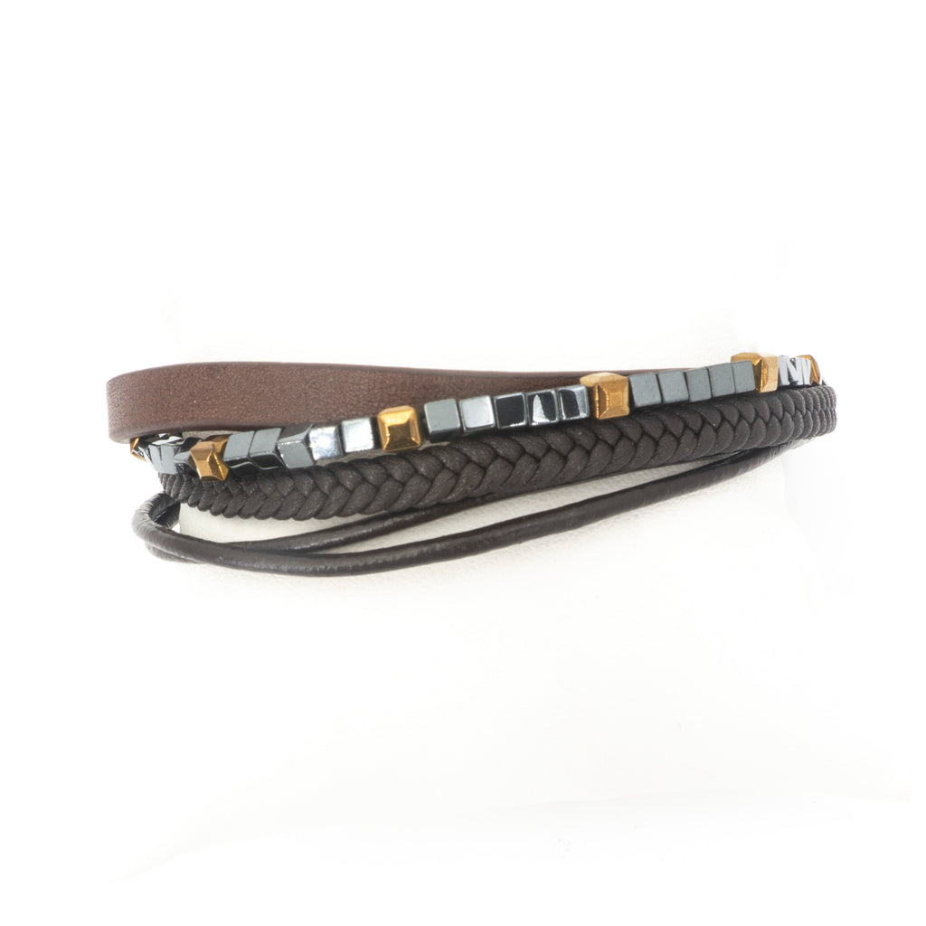 Stainless Steel W Brown Leather Bracelet