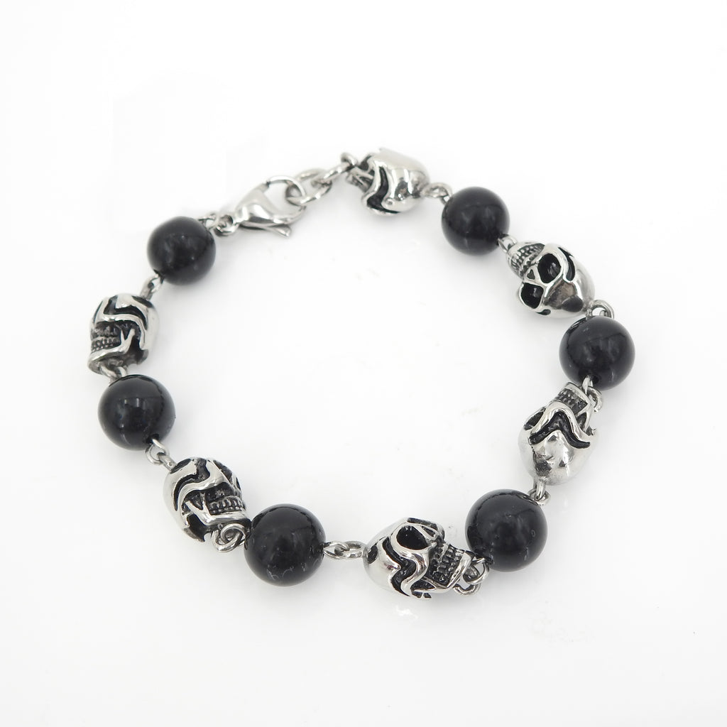 Skull W Onyx Beads Stainless Bracelet