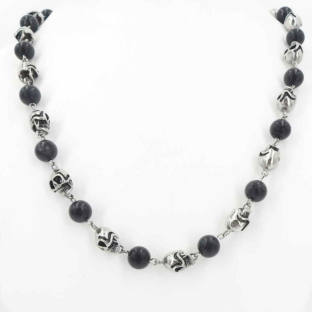 Skull W Onyx Bead Necklace Stainless